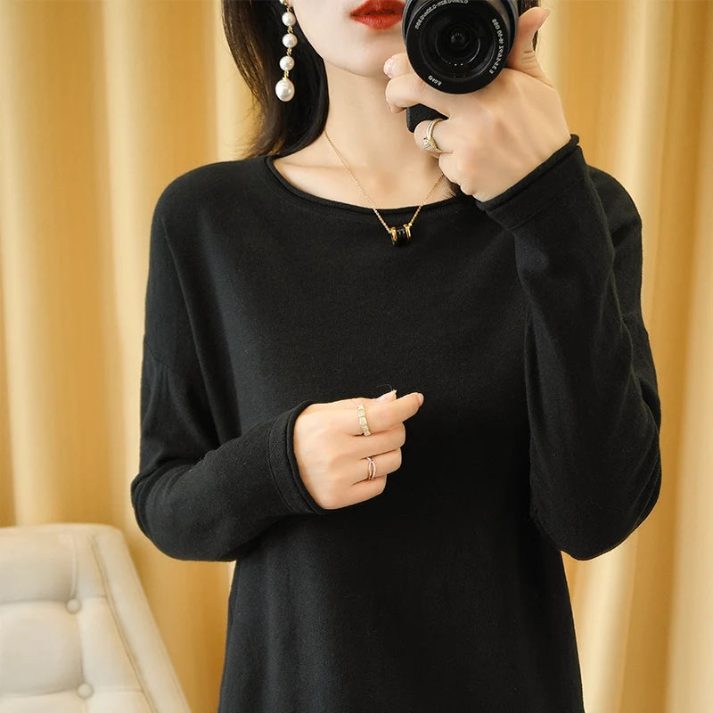 100% Cotton Women Knit Sweater Crimped Edge O-Neck Pullover Bottoming Pure Cotton Sweater Spring Autumn New Tops Clothes