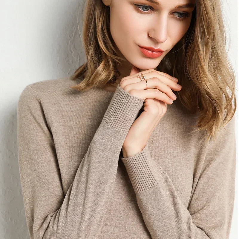 2023 Women Slim O-Neck Pullover Cashmere Wool Blending Sweater Autumn And Winter Long-Sleeved Knit Bottoming Shirt Large Size