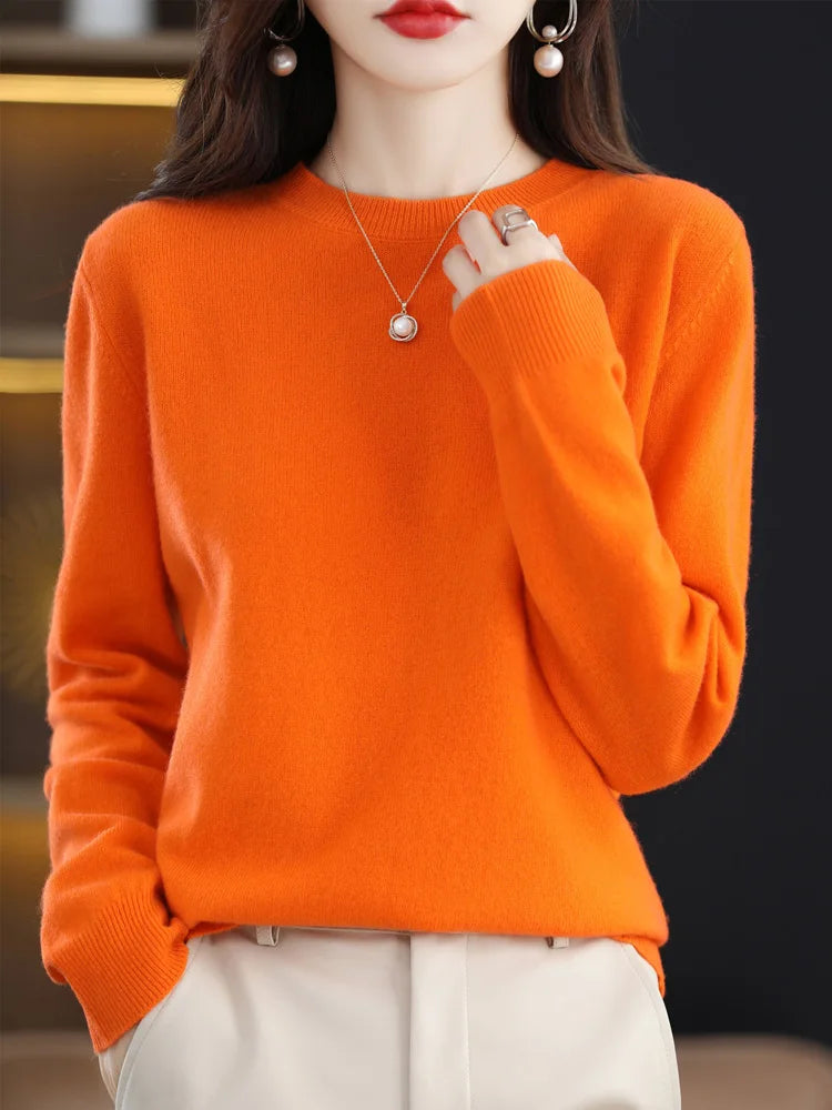 Fashion 100% Merino Wool Sweater Elegant Cashmere Pullover Women O-Neck Long Sleeve Knitwear Basic Clothing Jumper Tops