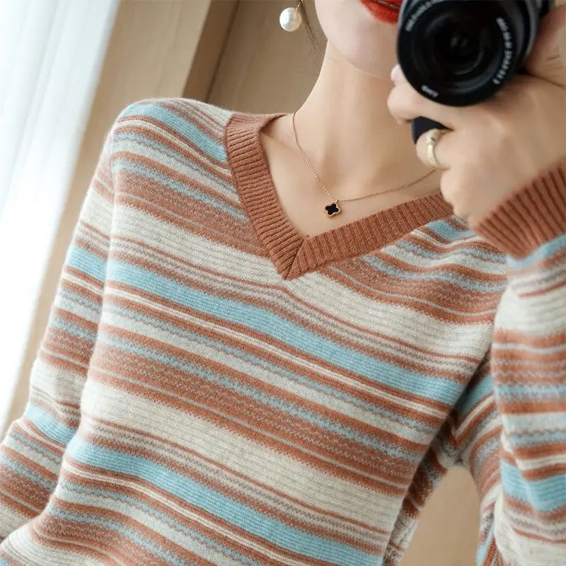 Autumn Winter Elegant Fashion Rainbow Knitting Tops Women All Match Casual Knitwear Long Sleeve Stripe Sweaters Thick Pullover