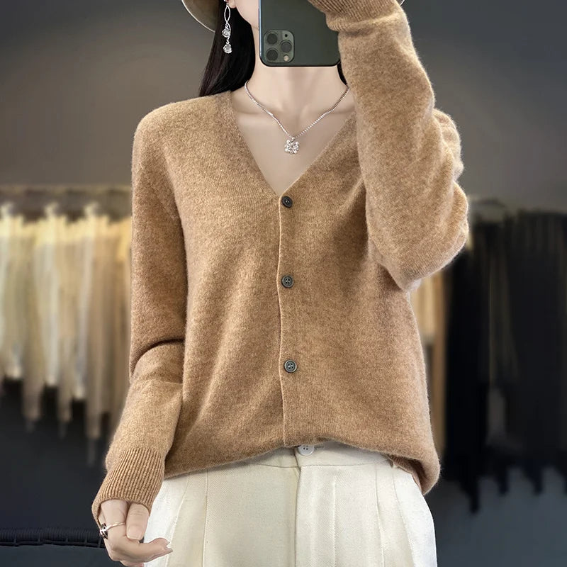 Spring Autumn Women 100% Merino Wool Cardigan Soft V-Neck Cashmere Sweater Buttoned Knitwear Casual Clothing Korean Style Shirt
