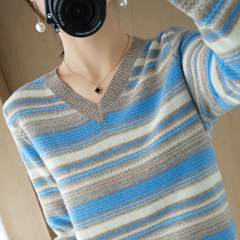 Autumn Winter Elegant Fashion Rainbow Knitting Tops Women All Match Casual Knitwear Long Sleeve Stripe Sweaters Thick Pullover