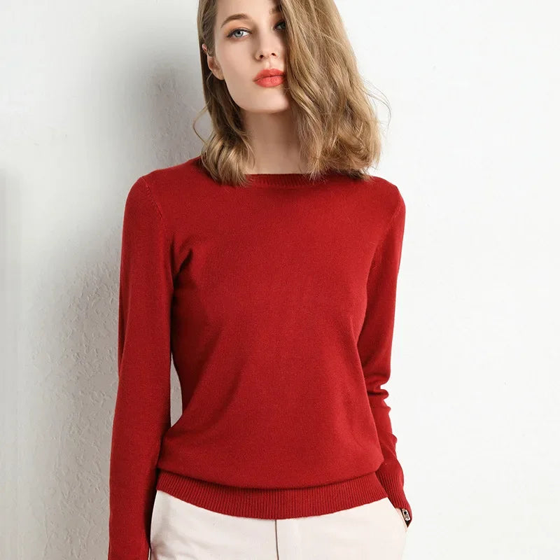 2023 Women Slim O-Neck Pullover Cashmere Wool Blending Sweater Autumn And Winter Long-Sleeved Knit Bottoming Shirt Large Size