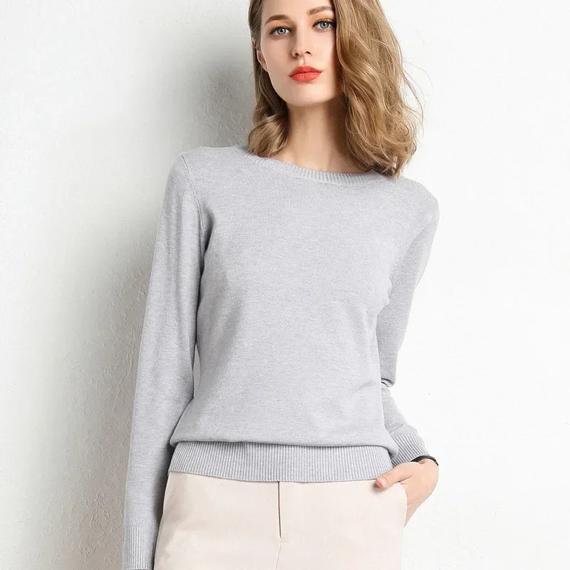 2023 Women Slim O-Neck Pullover Cashmere Wool Blending Sweater Autumn And Winter Long-Sleeved Knit Bottoming Shirt Large Size