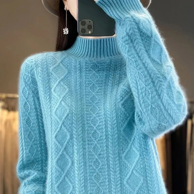 2024 New Women Autumn Winter Sweater Thick 100% Merino Wool Turtleneck Casual Cashmere Knitwaer Pullover Korean Fashion Tops