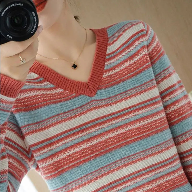Autumn Winter Elegant Fashion Rainbow Knitting Tops Women All Match Casual Knitwear Long Sleeve Stripe Sweaters Thick Pullover