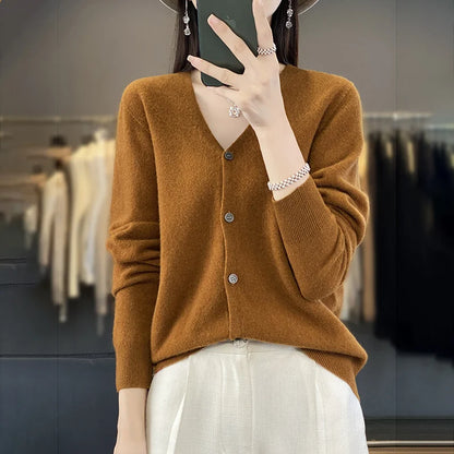 Spring Autumn Women 100% Merino Wool Cardigan Soft V-Neck Cashmere Sweater Buttoned Knitwear Casual Clothing Korean Style Shirt