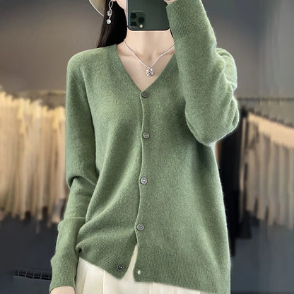 Spring Autumn Women 100% Merino Wool Cardigan Soft V-Neck Cashmere Sweater Buttoned Knitwear Casual Clothing Korean Style Shirt