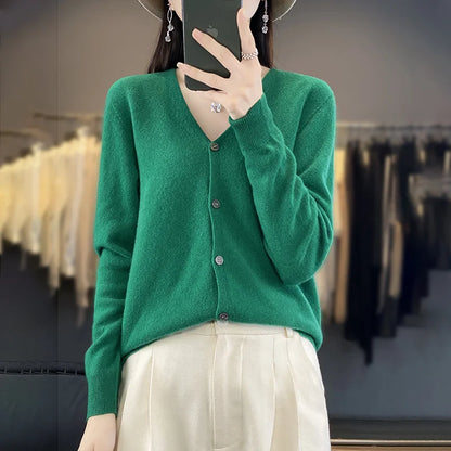 Spring Autumn Women 100% Merino Wool Cardigan Soft V-Neck Cashmere Sweater Buttoned Knitwear Casual Clothing Korean Style Shirt