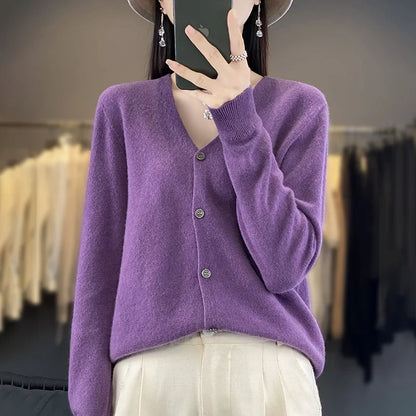 Spring Autumn Women 100% Merino Wool Cardigan Soft V-Neck Cashmere Sweater Buttoned Knitwear Casual Clothing Korean Style Shirt