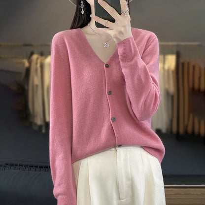 Spring Autumn Women 100% Merino Wool Cardigan Soft V-Neck Cashmere Sweater Buttoned Knitwear Casual Clothing Korean Style Shirt