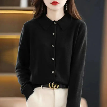 2024 Women's POLO Collar Knitted Cardigan Basic Versatile Top Spun Wool Jacket Elegant Single Breasted Sweater DMR430