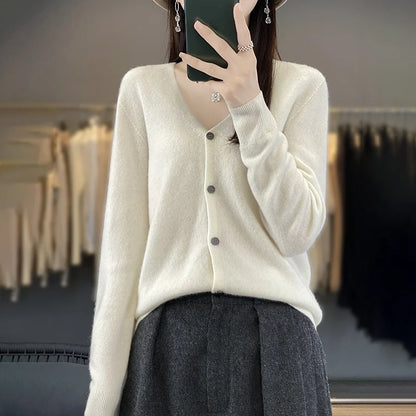 Spring Autumn Women 100% Merino Wool Cardigan Soft V-Neck Cashmere Sweater Buttoned Knitwear Casual Clothing Korean Style Shirt