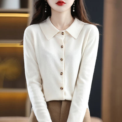 2024 Women's POLO Collar Knitted Cardigan Basic Versatile Top Spun Wool Jacket Elegant Single Breasted Sweater DMR430