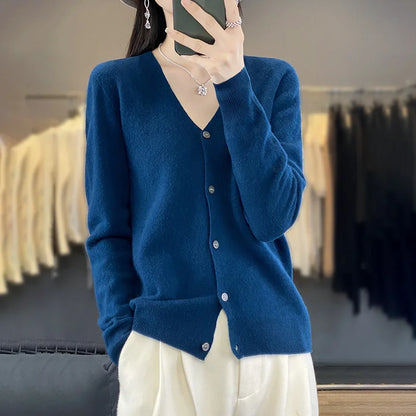 Spring Autumn Women 100% Merino Wool Cardigan Soft V-Neck Cashmere Sweater Buttoned Knitwear Casual Clothing Korean Style Shirt