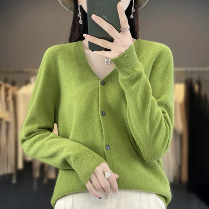 Spring Autumn Women 100% Merino Wool Cardigan Soft V-Neck Cashmere Sweater Buttoned Knitwear Casual Clothing Korean Style Shirt