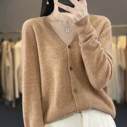 Spring Autumn Women 100% Merino Wool Cardigan Soft V-Neck Cashmere Sweater Buttoned Knitwear Casual Clothing Korean Style Shirt