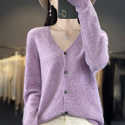Spring Autumn Women 100% Merino Wool Cardigan Soft V-Neck Cashmere Sweater Buttoned Knitwear Casual Clothing Korean Style Shirt