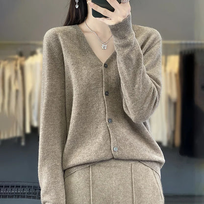 Spring Autumn Women 100% Merino Wool Cardigan Soft V-Neck Cashmere Sweater Buttoned Knitwear Casual Clothing Korean Style Shirt