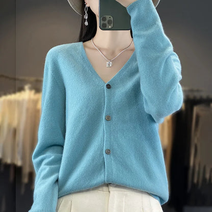 Spring Autumn Women 100% Merino Wool Cardigan Soft V-Neck Cashmere Sweater Buttoned Knitwear Casual Clothing Korean Style Shirt