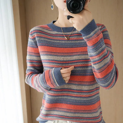 Autumn Winter Elegant Fashion Rainbow Knitting Tops Women All Match Casual Knitwear Long Sleeve Stripe Sweaters Thick Pullover