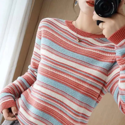 Autumn Winter Elegant Fashion Rainbow Knitting Tops Women All Match Casual Knitwear Long Sleeve Stripe Sweaters Thick Pullover