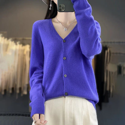 Spring Autumn Women 100% Merino Wool Cardigan Soft V-Neck Cashmere Sweater Buttoned Knitwear Casual Clothing Korean Style Shirt