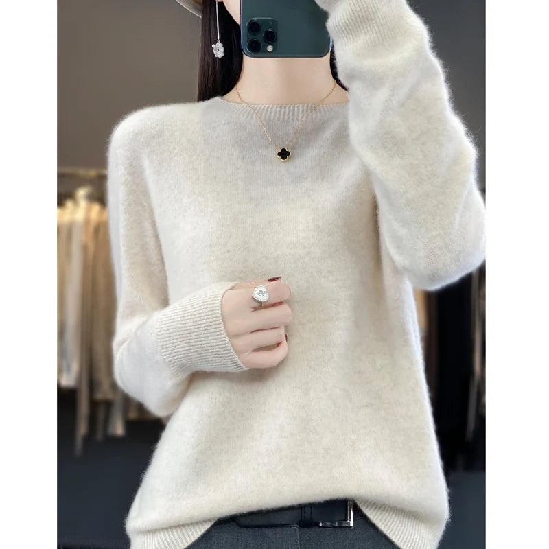 Autumn Winter 100% Merino Wool Sweater Women First Line Seamless Half-high Collar Pullover Basis Casual Cashmere Knit Solid Tops