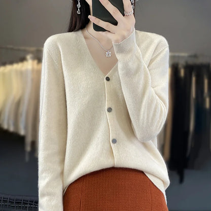 Spring Autumn Women 100% Merino Wool Cardigan Soft V-Neck Cashmere Sweater Buttoned Knitwear Casual Clothing Korean Style Shirt