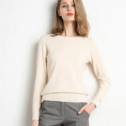 2023 Women Slim O-Neck Pullover Cashmere Wool Blending Sweater Autumn And Winter Long-Sleeved Knit Bottoming Shirt Large Size