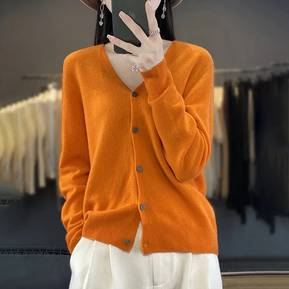 Spring Autumn Women 100% Merino Wool Cardigan Soft V-Neck Cashmere Sweater Buttoned Knitwear Casual Clothing Korean Style Shirt
