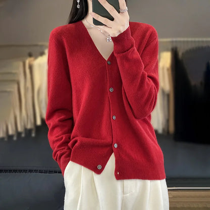 Spring Autumn Women 100% Merino Wool Cardigan Soft V-Neck Cashmere Sweater Buttoned Knitwear Casual Clothing Korean Style Shirt